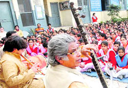 Sitarist Pandit Debu Chaudhuri and flutist Shashank perform at Devraj Girls Senior Secondary School in Jalandhar on Thursday