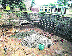 The restoration work of a historical reservoir in progress at Samba Fort in Jammu.