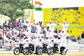 Punjab police bikers perform at Kila Raipur Games on Friday.