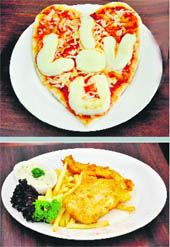 (Top) The restaurant is planning to dish out a special menu for the Valentines Day. A heart shape Pizza and salads with a dash of red.