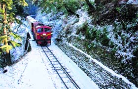 The toy train on the snow-covered rail tracks in Shimla.