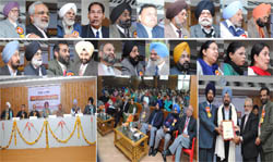 Punjabi Tribune editor Varinder Walia being honoured at the Baba Farid College in Bathinda.