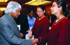 Former President A.P.J. Abdul Kalam talks to students during the 7th national summit on The change we want to be in New Delhi on Saturday.