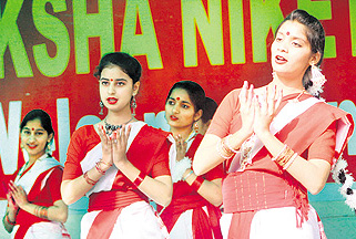 Students of Shiksha Niketan Higher Secondary School present a dance item during a farewell party for Class XII students at the school in Jammu on Saturday.