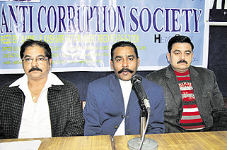 Office-bearers of the Anti-Corruption Society address mediapersons in Jammu on Saturday. 