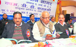 Rajen Nagar, president of the UBEU (middle), at a conference in Dehradun on Sunday.