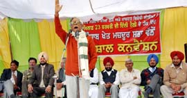 Gurudas Dasgupta, a CPI MP, addresses the convention in Bathinda on Monday.