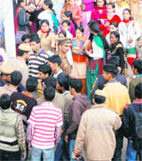 The police tries to disperse students after a clash in Hamirpur on Monday.