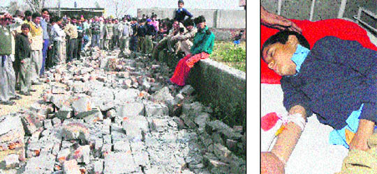 The collapsed boundary wall of elementary school at Chattarpur in Una; and (right) Karan, an injured student of the school, at a hospital in Nangal.