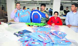 Replica outfits of the Indian Cricket team on display at a local garment manufacturing company in Ludhiana.