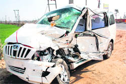 The damaged vehicle that collided with a canter, killing three persons of Sanghi near Ismaila village