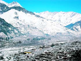 A view of the upper Manali areas after a fresh spell of snowfall.