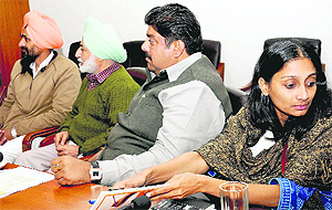 (From left) Director-General, CRRID, SS Gill and Lok Dal leader Ajay Chautala at the CRRID in Chandigarh on Wednesday. 