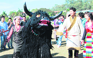 Students perform during a Tibet festival at Panjab University in Chandigarh on Wednesday.