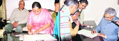 Uttarakhand Governor Margaret Alva fills a form at the launch of the second phase of Census 2011 in Dehradun; and (right) state Cabinet Minister Madan Kaushik does the same at his Khanna Nagar residence in Haridwar on Wednesday.