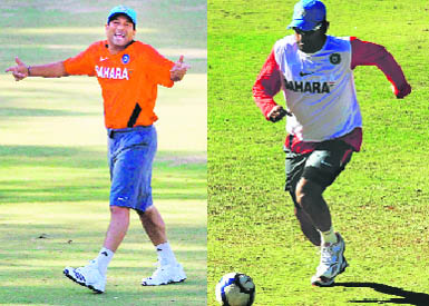 (L)Tendulkar during the practice camp on Wednesday.  PTI (R) MS Dhoni plays soccer in Bangalore on Wednesday