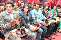Awardees in a jubilant mood during a function at the Haryana Raj Bhawan in Chandigarh 