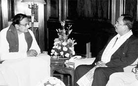 Union Home Minister P Chidambaram during a meeting with ULFA leader Arabinda Rajkhowa at North Block in New Delhi on Thursday.
