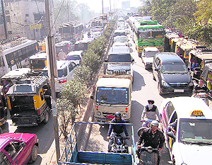 A traffic jam on the railway overbridge due to the closure of the elevated road in Amritsar on Thursday.