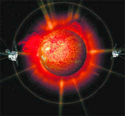 A picture released by the Nasa on February 6, 2011 shows an artists concept of Stereo spacecraft surrounding the Sun. On February 6, NASAs twin Stereo probes moved into position on opposite sides of the sun, and they are now beaming back uninterrupted images of the entire star-front and back. 