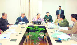 Uttarakhand Governor Margaret Alva chairs a meeting at the Raj Bhawan in Dehradun on Friday