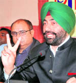 Congress MLA Sukhpal Singh Khaira addresses a press conference in Jalandhar on Friday