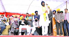 Former Finance Minister Manpreet Badal addresses a rally at Amloh on Friday. 