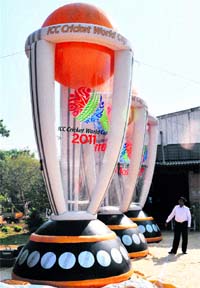 Inflatable balloon replicas of the 2011 Cricket World Cup trophy are seen at the Inflatable Ideas factory in Hyderabad.