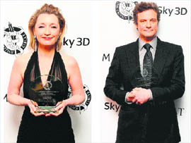 Lesley Manville wins the Moet Best British Actress of the Year Award and Colin Firth wins the Actor of the Year Award at the London Critics' Circle Film Awards held at the BFI Southbank, London on Thursday.