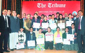 Winners of The Tribune Congnizance Scrapbook contest at the prize distribution function in Panjab University