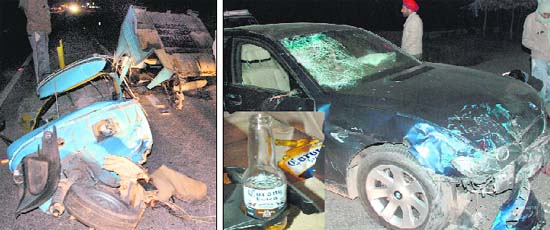 The ill-fated auto-rickshaw split into three parts after being hit by the speeding BMW car (CH-03Y-5005) on the Chandigarh-Ambala National Highway at Zirakpur. (inset) Liquor bottles lying in the car