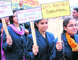 Students take part in a rally against corruption organised by the Vichar Kranti Manch International in Jammu on Saturday.