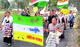 Gorkha Janamukti Morcha supporters at a rally in Khapril near Siliguri on Saturday.