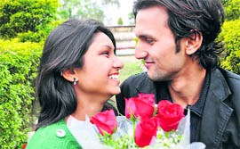 A couple in a jovial mood on the eve of Valentines Day in Dehradun on Sunday.