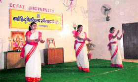 Students of ICFAI University perform the Saraswati prayer in Dehradun on Sunday.