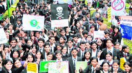 Youngsters take out a rally on Valentines Day in Dehradun on Monday.