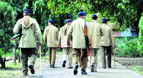 Policemen patrol the Gandhi Park during Valentines Day to in Dehradun on Monday.