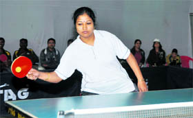 A player in action at the All-India Inter-zonal Table Tennis Tournament of the Airports Authority of India in Dehradun on Monday.