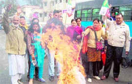 UKD workers burn an effigy of the state government in Dehradun on Monday.