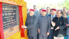 Chief Minister Prem Kumar Dhumal lays the foundation stone of the Regional Centre for Geriatric Care and Nursing Hostel in Paprola on Monday.