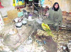 A resident shows the scene of the explosion at Maloora village on the outskirts of Srinagar on Monday.