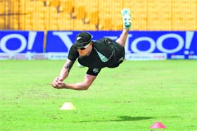 New Zealands Brendon McCullum takes a catch during a training session in Chennai