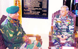 Gen VK Singh, Chief of the Army Staff, discusses the security situation with Lt-Gen KT Parnaik, GOC-in-C, Northern Command, in Udhampur on Tuesday.