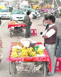 Fruit vendors encroach on a part of the Zirakpur-Patiala highway