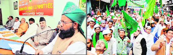 (Left) Speakers at a seminar held on Milad-un-Nabi in Dehradun on Wednesday and (Right) Muslims take out a procession in Haridwar