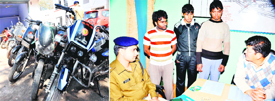 Motorcycles seized from a gang of bike thieves and (right) Sanjay Gunjiyal and Sunil Meena interrogate the accused in Haridwar