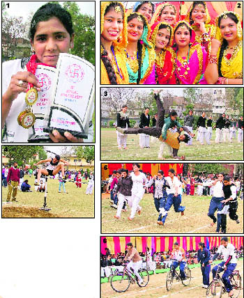 FUN TIME: Kavita of BA(III), who was adjudged best athlete. 2. Girls dresed to present a cultural programme. 3. Girls in action during a martial arts show at the SDP College for Women. 4. An athlete in action during a high jump event. 5. Students take part in a leg race. 6. A slow cycling event in progress at the Khalsa College for Women in Ludhiana on Wednesday.