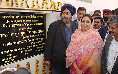 Deputy Chief minister Sukhbir Singh Badal along with his wife Harsimrat Kaur Badal, MP, laying the foundation stone for the renovation of the Sports Stadium in Bathinda on Thursday. Tribune photo: Pawan Sharma