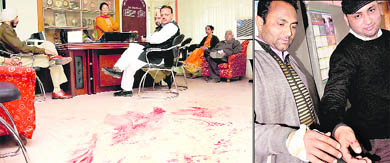 The blood-smeared floor of the principals office at Sector 45, Chandigarh, on Thursday; and two of the teachers who sustained injuries in the attack.