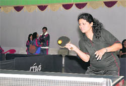 A player in action at the All-India Inter-Zonal Table Tennis Tournament of the Airports Authority of India in Dehradun on Thursday.